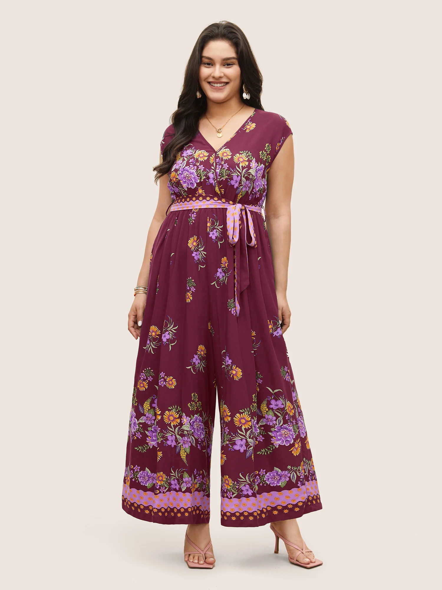 Boho Print Overlap Collar Belted Sleeveless Jumpsuit - Image 8