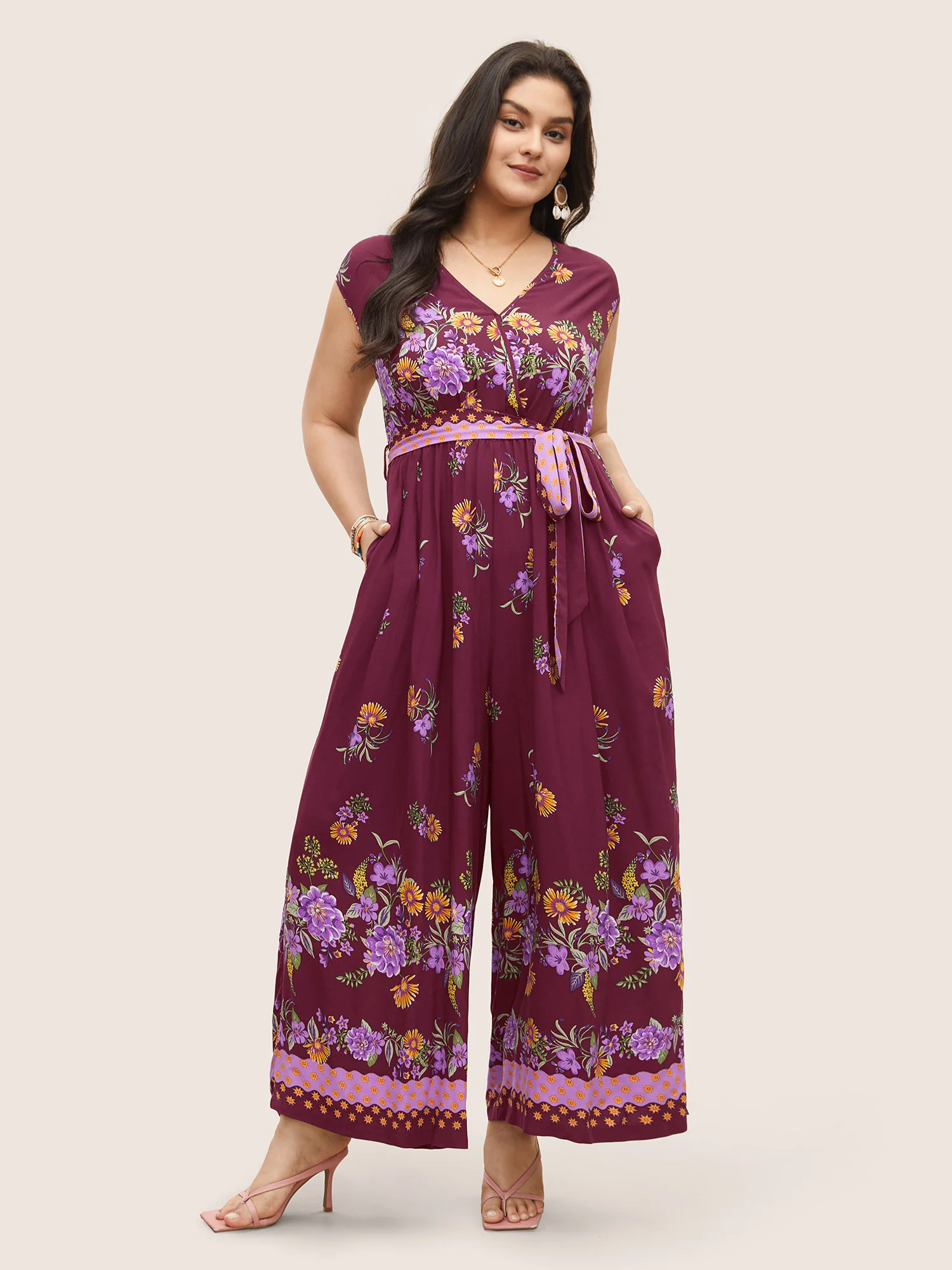 Boho Print Overlap Collar Belted Sleeveless Jumpsuit - Image 9