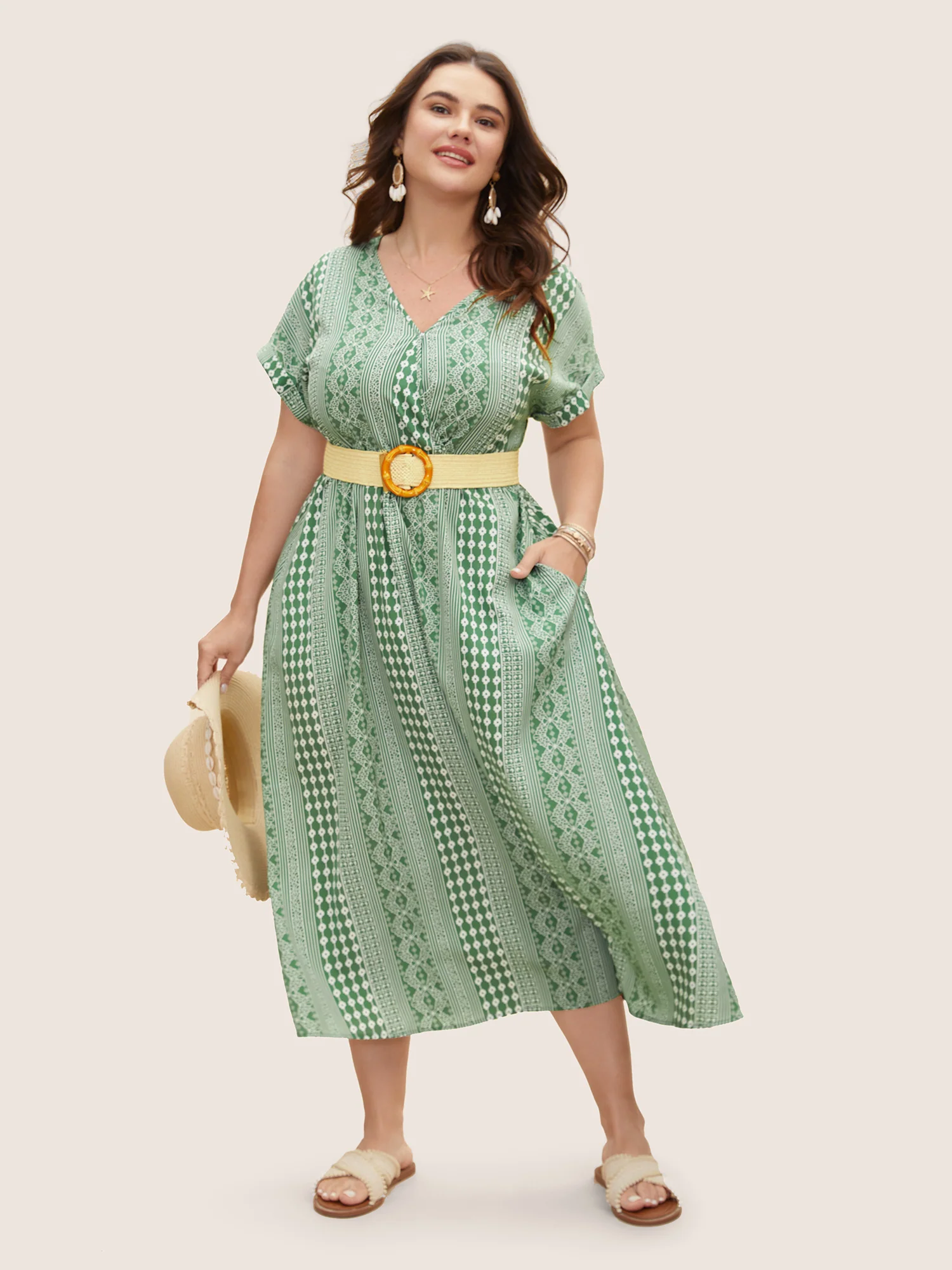 Boho Print Overlap Collar Dolman Sleeve Dress - Image 2