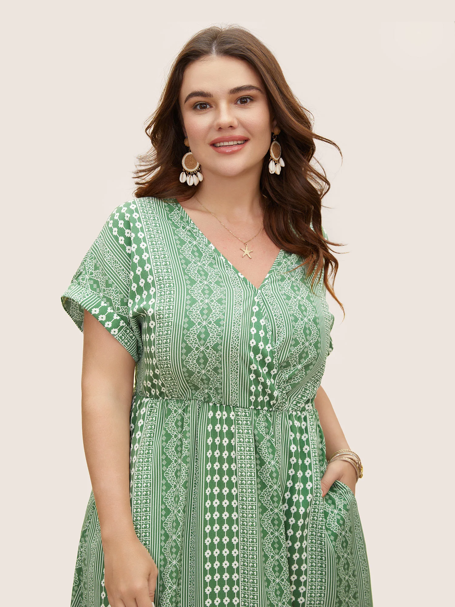Boho Print Overlap Collar Dolman Sleeve Dress - Image 4