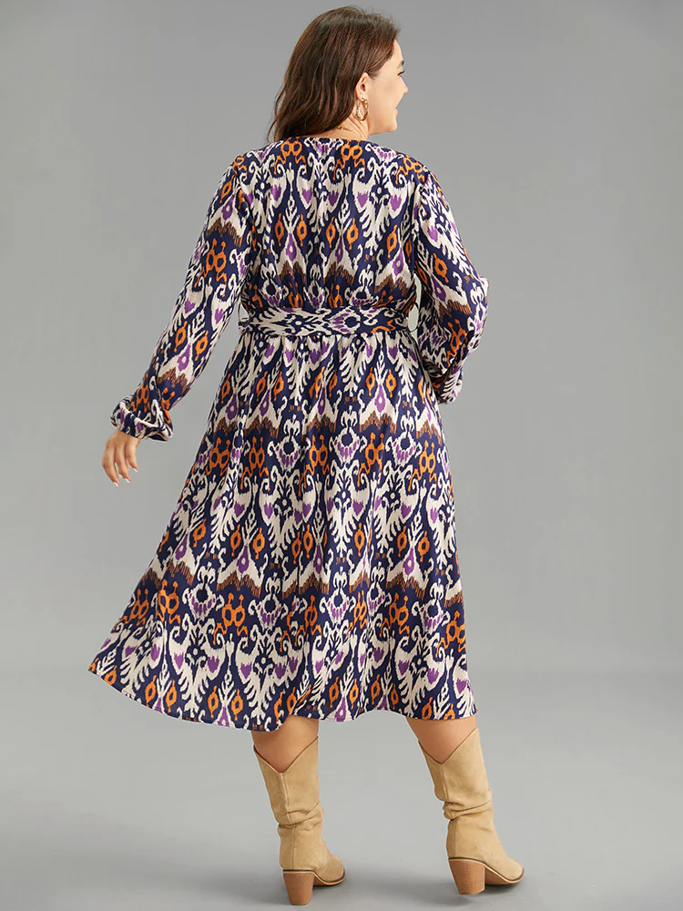 Boho Print Overlap Collar Elastic Waist Belted Dress - Image 2