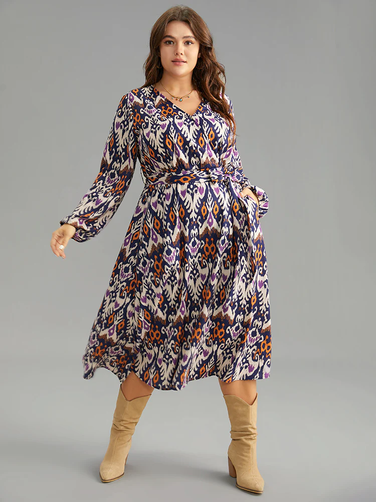 Boho Print Overlap Collar Elastic Waist Belted Dress - Image 4