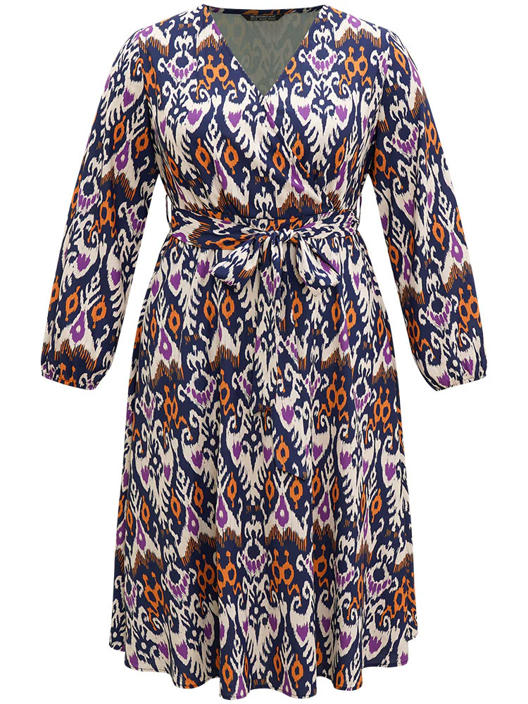 Boho Print Overlap Collar Elastic Waist Belted Dress - Image 5