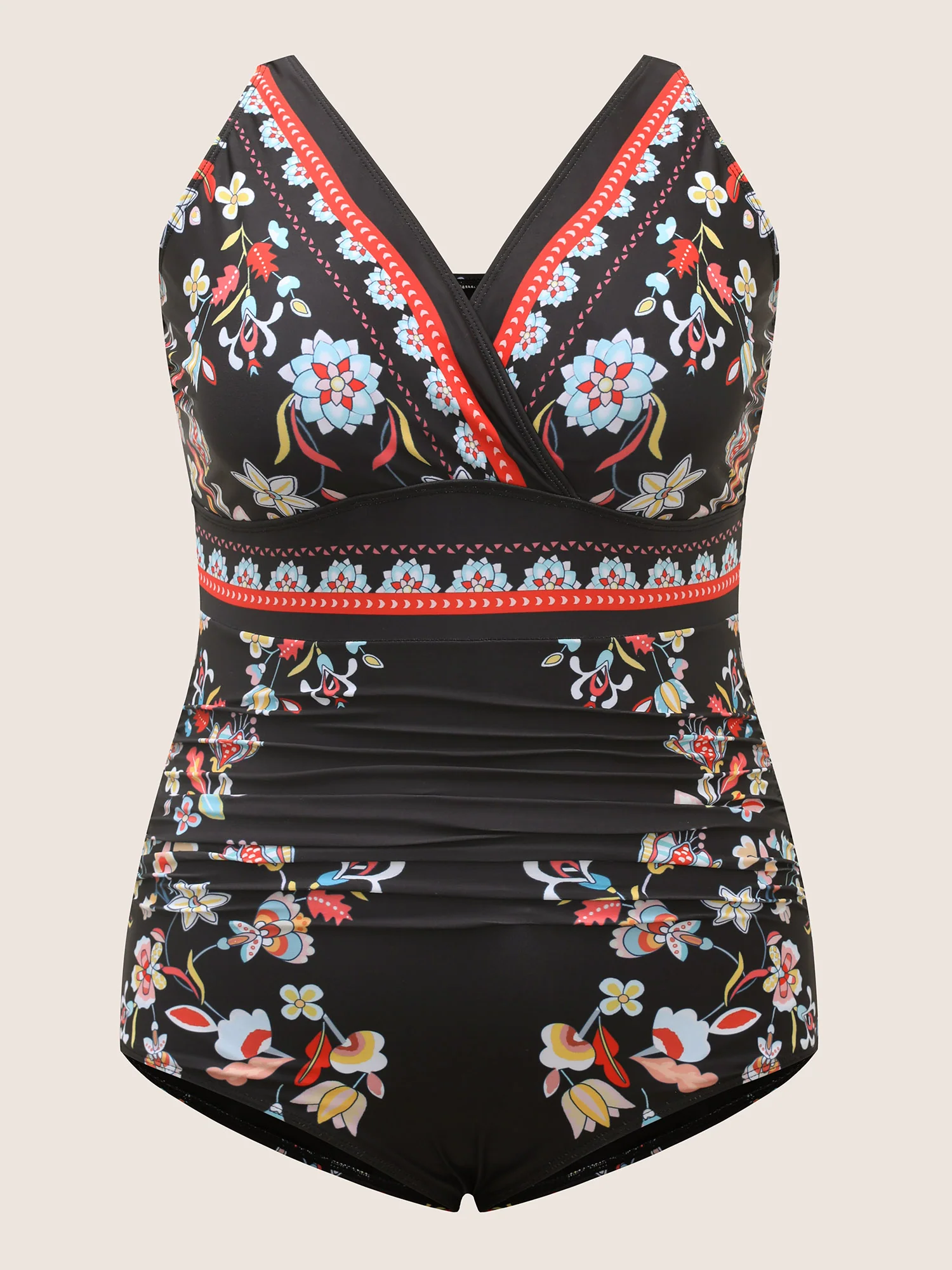 Boho Print Surplice Neck Ruched One Piece Swimsuit - Image 11