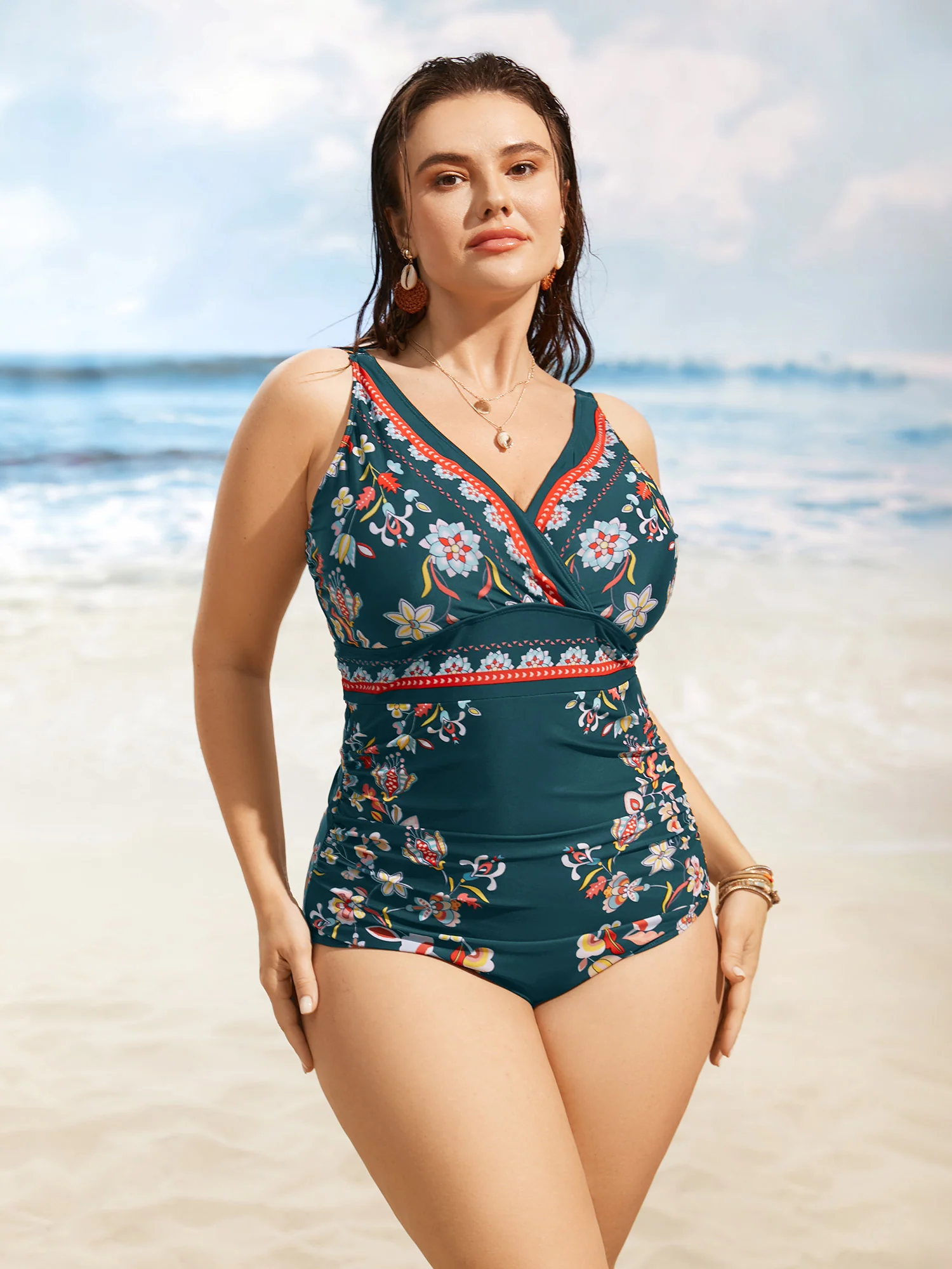 Boho Print Surplice Neck Ruched One Piece Swimsuit - Image 12