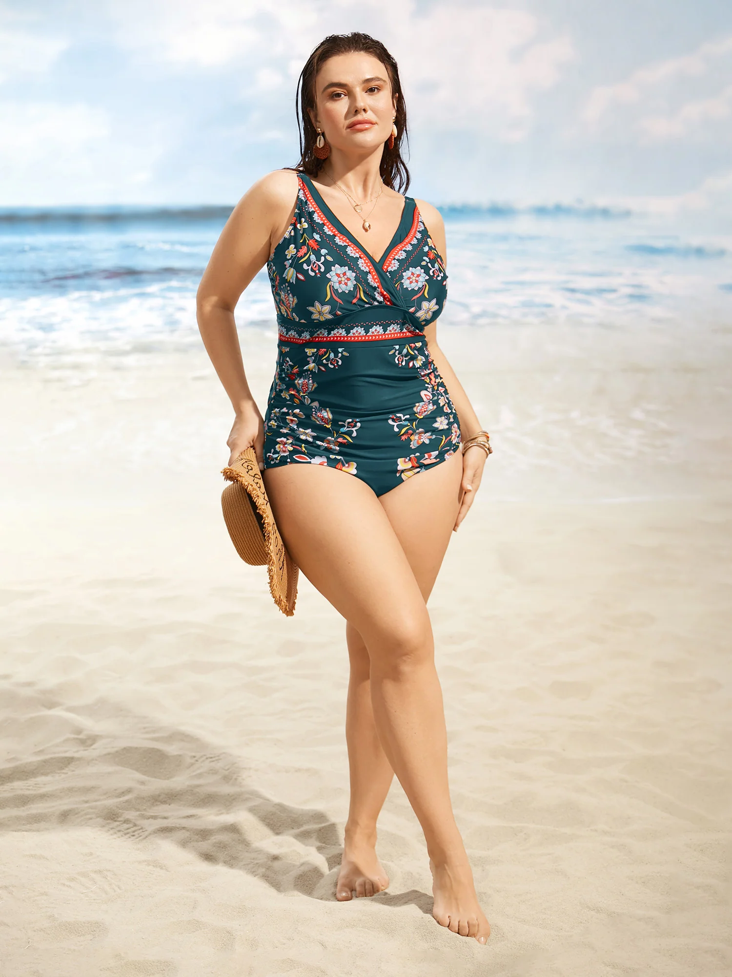Boho Print Surplice Neck Ruched One Piece Swimsuit - Image 14