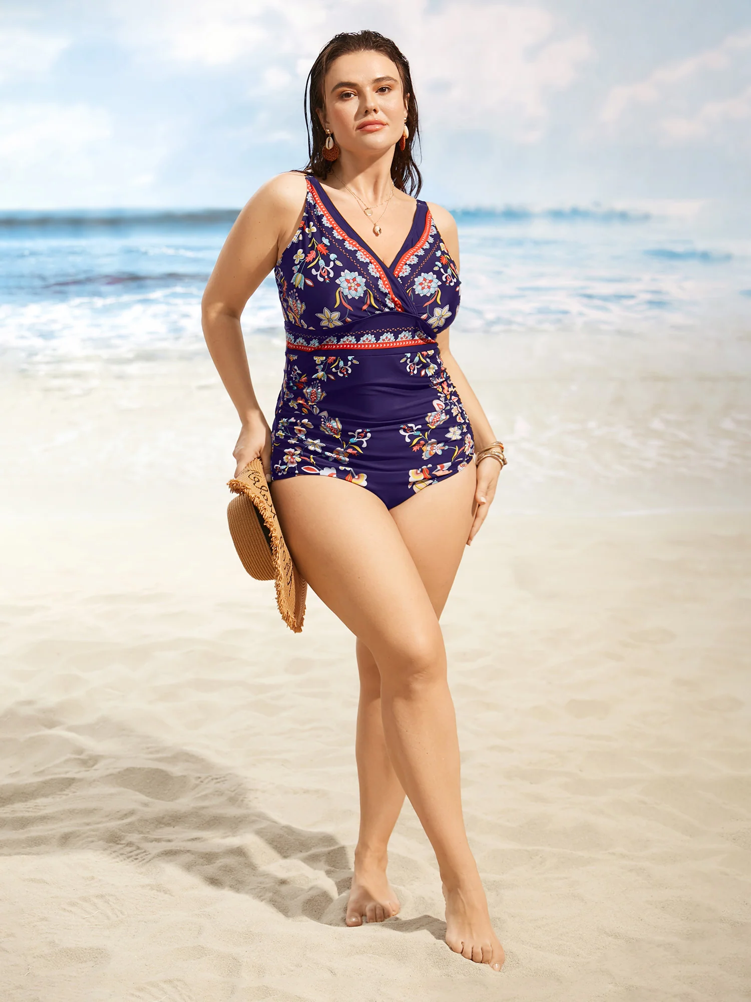 Boho Print Surplice Neck Ruched One Piece Swimsuit - Image 18