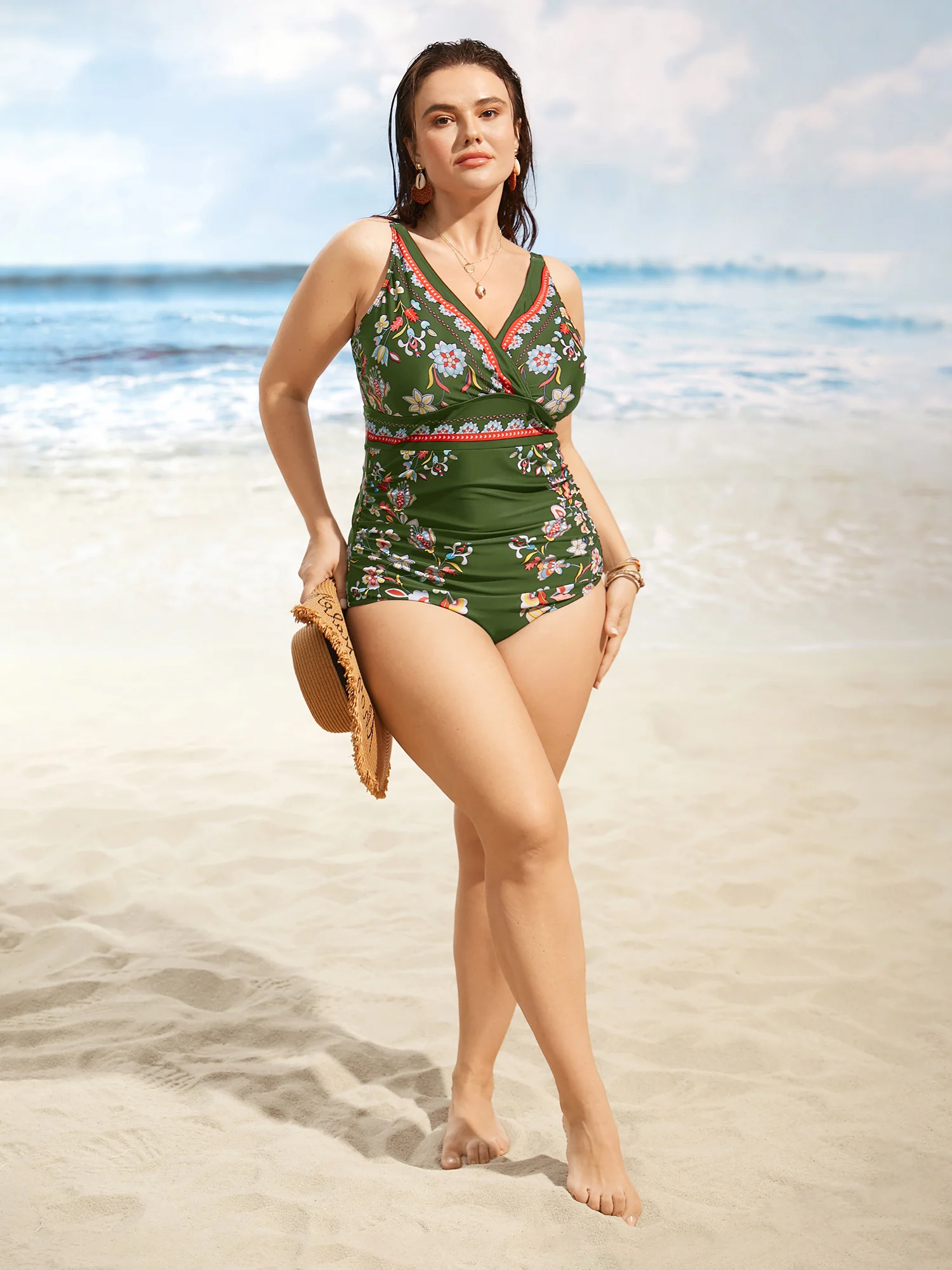 Boho Print Surplice Neck Ruched One Piece Swimsuit - Image 3