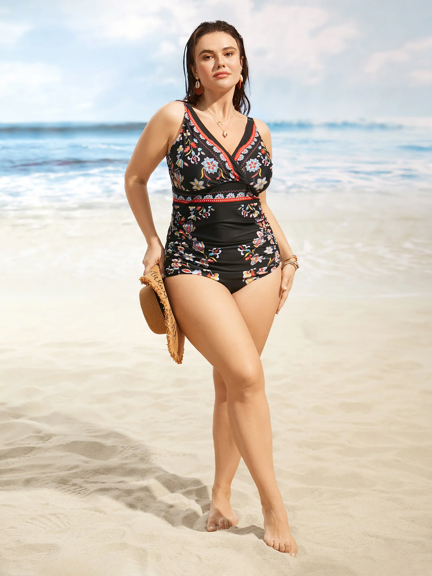 Boho Print Surplice Neck Ruched One Piece Swimsuit - Image 7