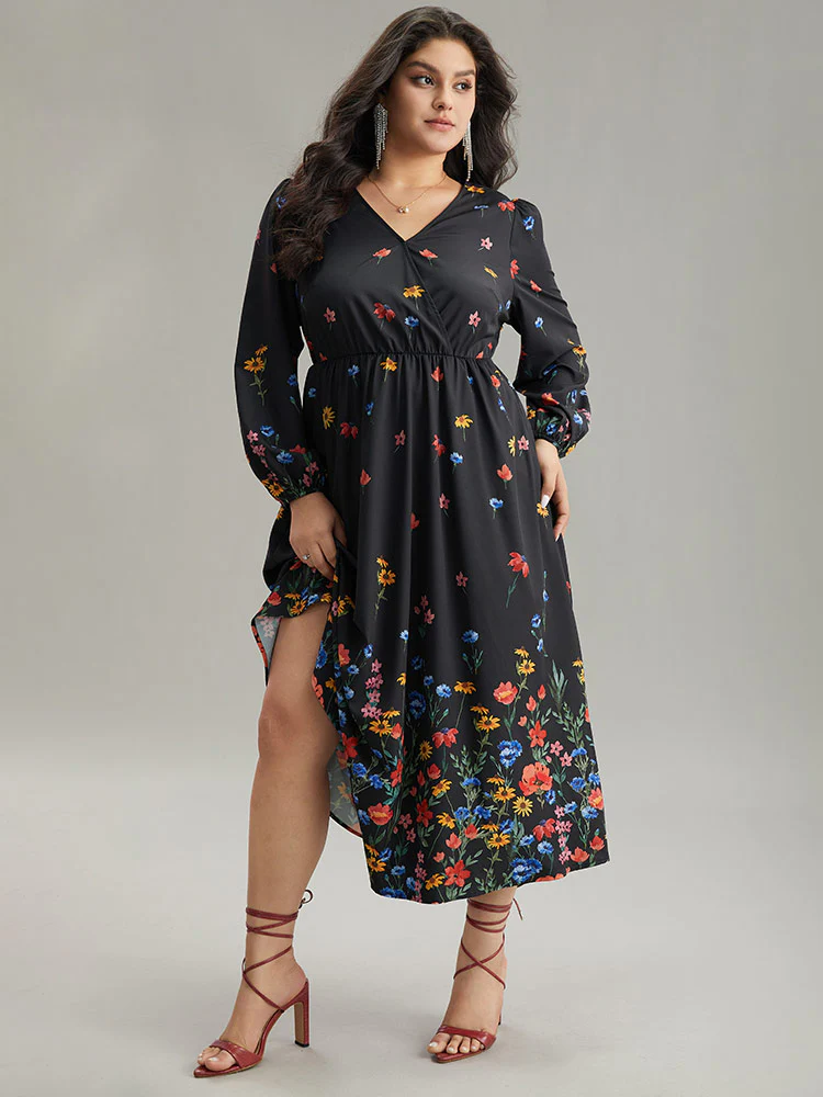 Boho Print Overlap Collar Lantern Sleeve Dress - Image 2