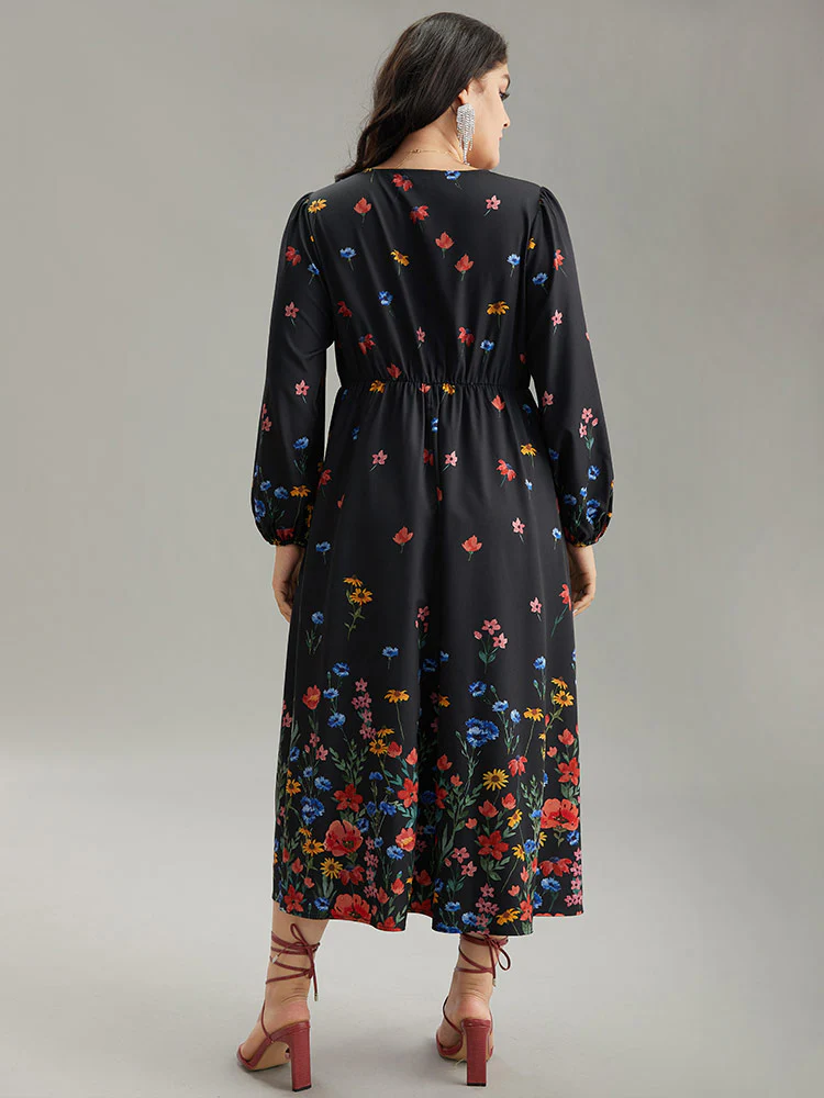 Boho Print Overlap Collar Lantern Sleeve Dress - Image 3
