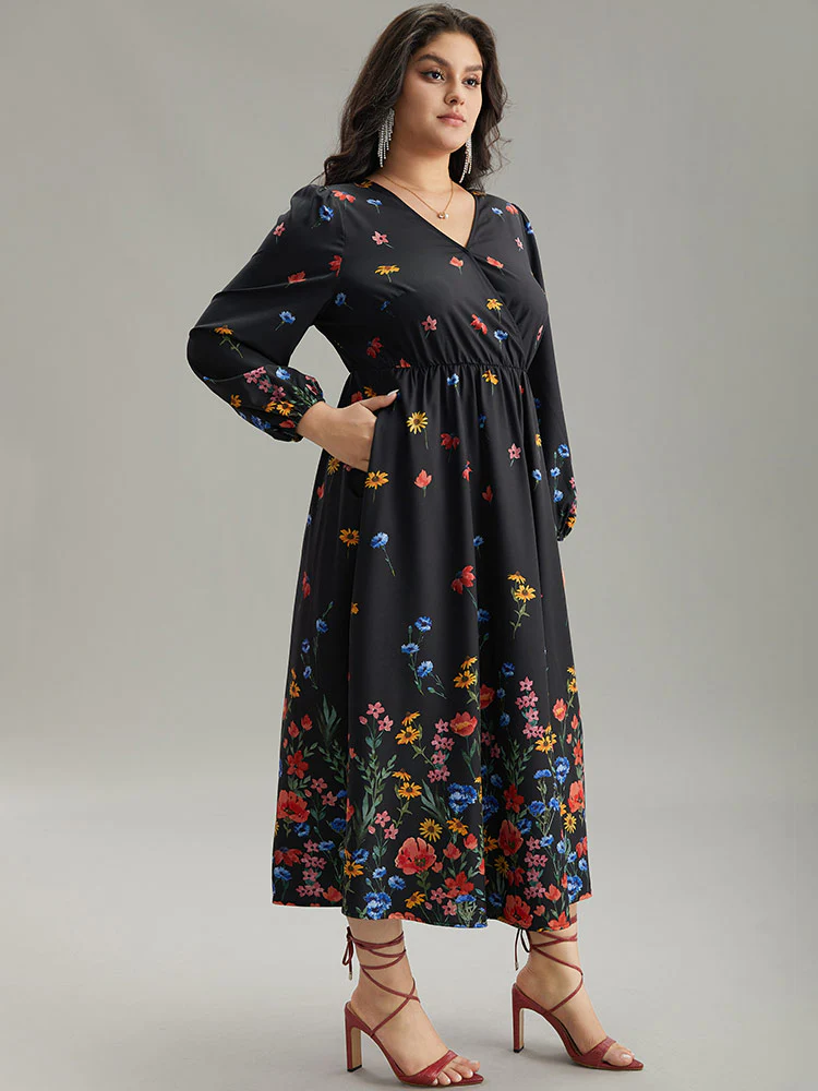 Boho Print Overlap Collar Lantern Sleeve Dress - Image 4