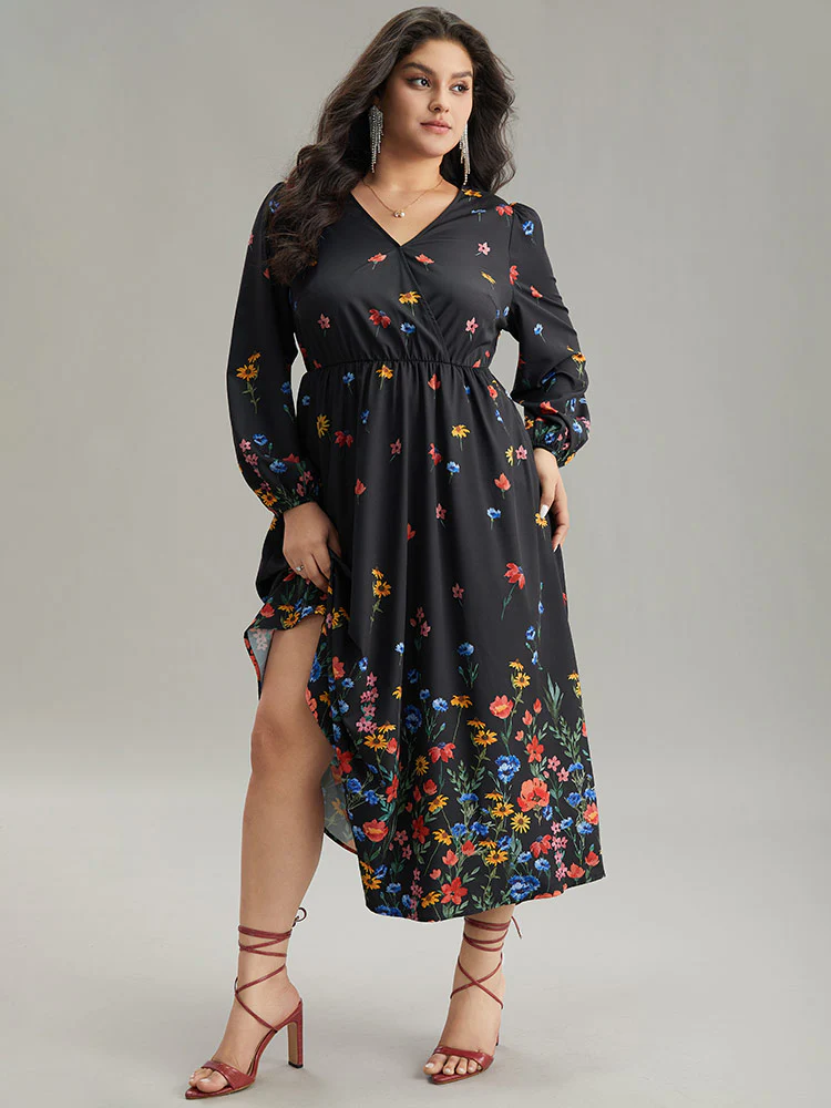 Boho Print Overlap Collar Lantern Sleeve Dress - Image 5