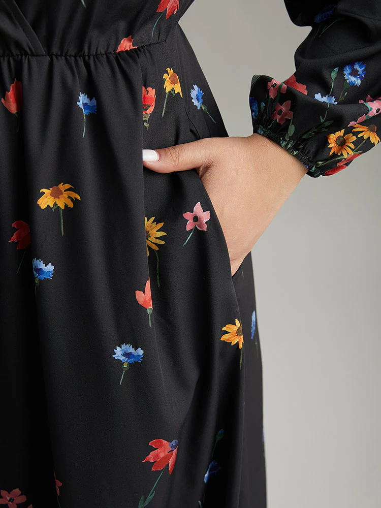 Boho Print Overlap Collar Lantern Sleeve Dress - Image 7