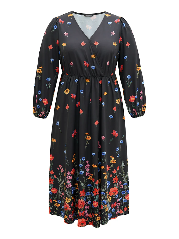 Boho Print Overlap Collar Lantern Sleeve Dress - Image 8