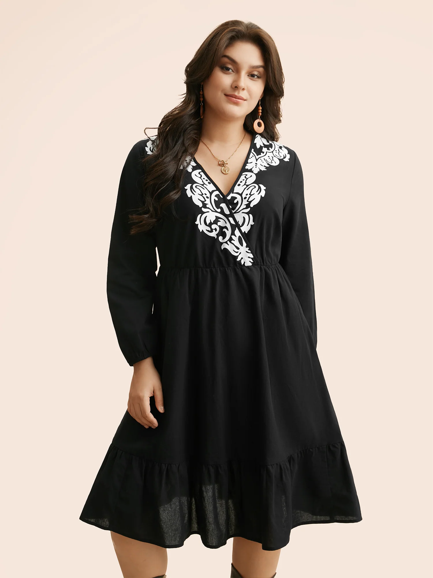Boho Print Overlap Collar Midi Dress - Image 2