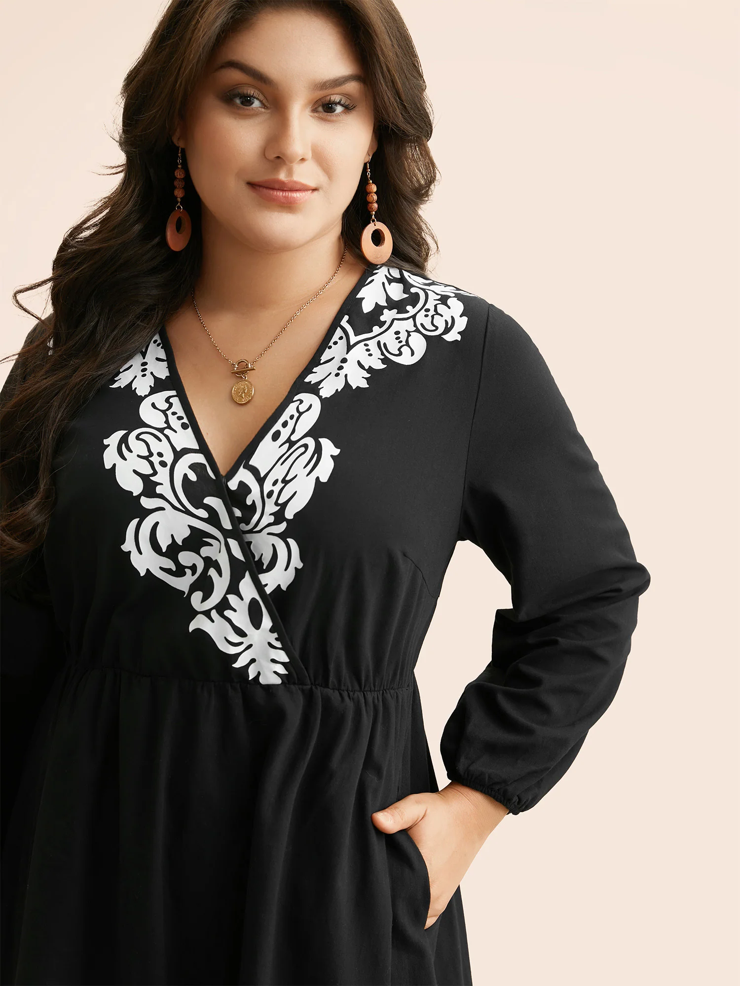 Boho Print Overlap Collar Midi Dress - Image 4
