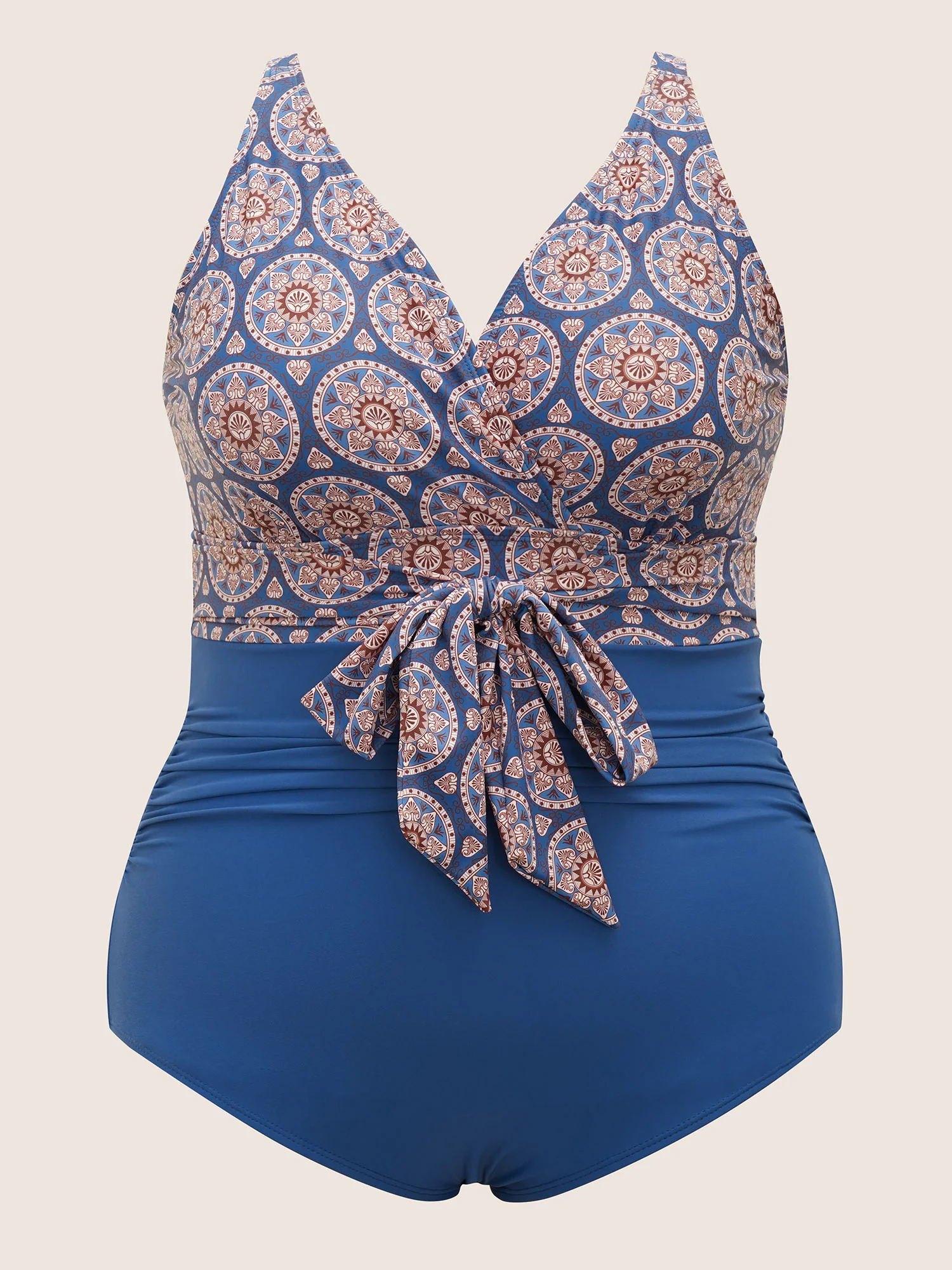 Boho Print Overlap Collar Patchwork One Piece Swimsuit - Image 6