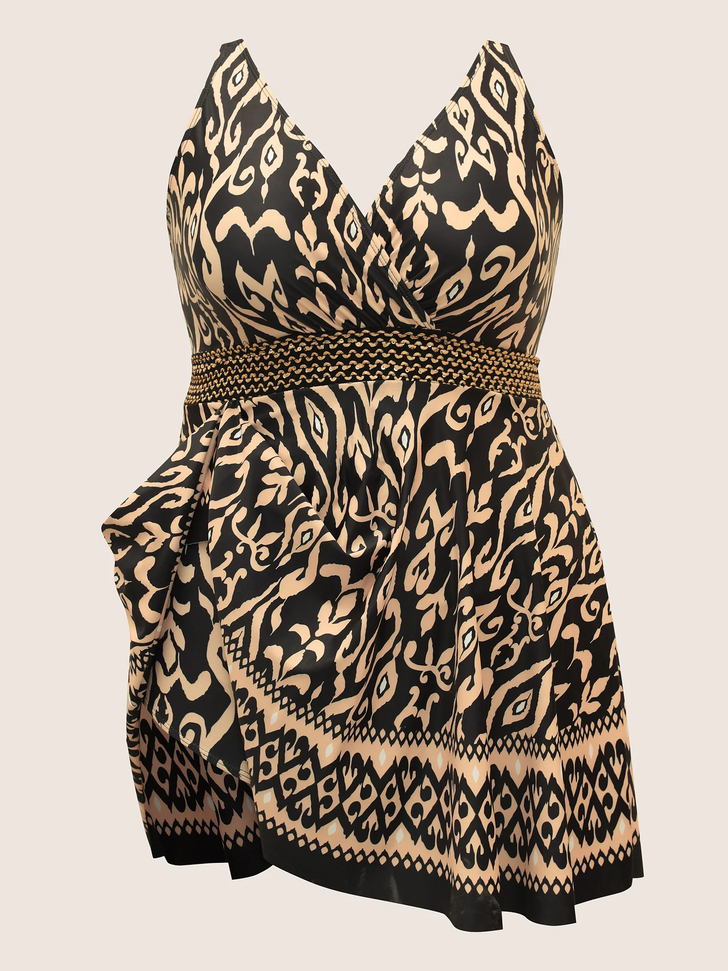 Boho Print Overlap Collar Woven Ribbon Swim Dress - Image 13