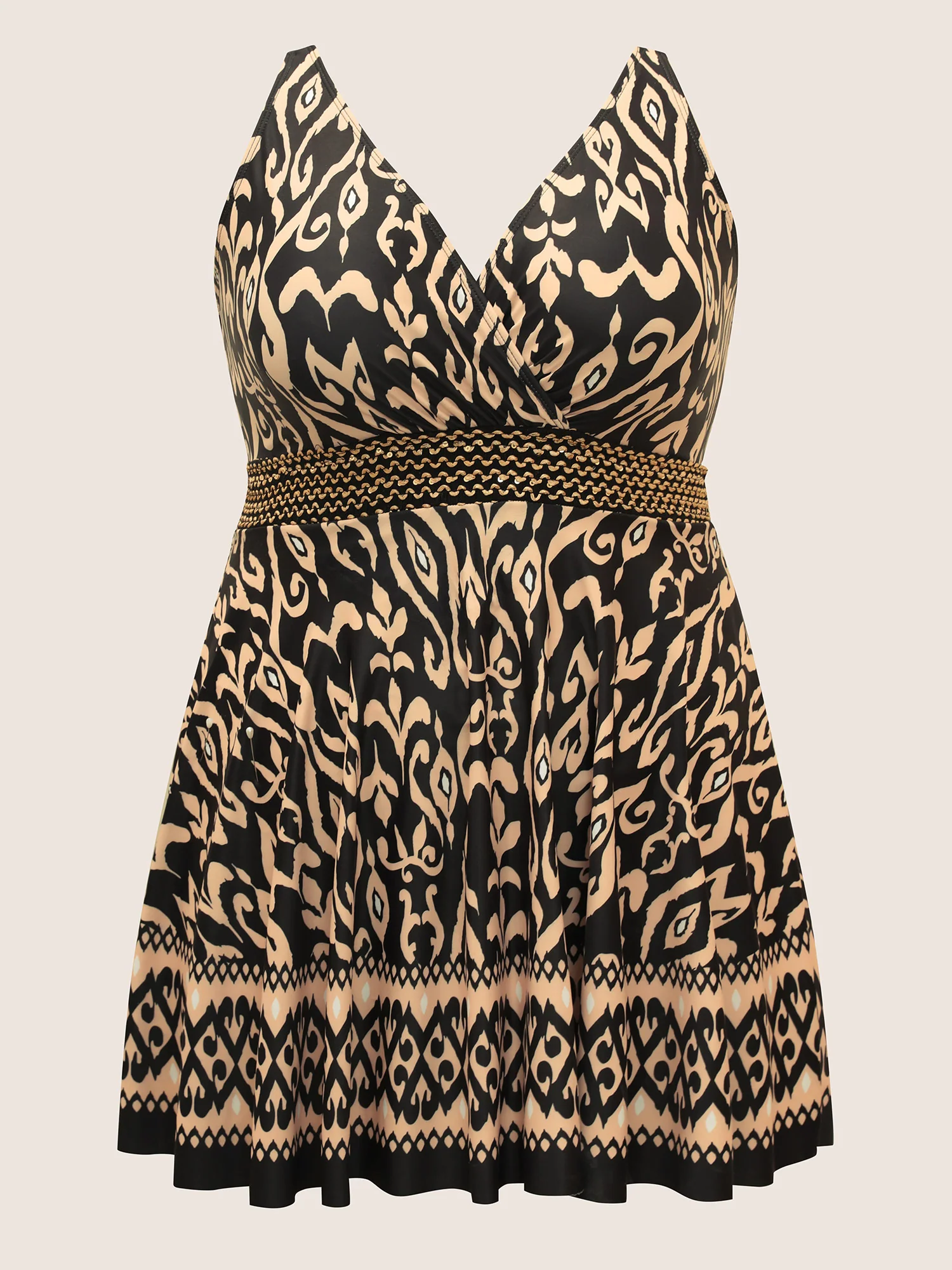 Boho Print Overlap Collar Woven Ribbon Swim Dress - Image 14