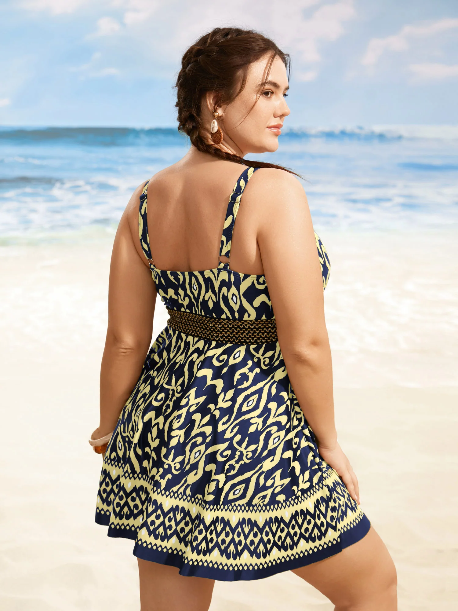 Boho Print Overlap Collar Woven Ribbon Swim Dress - Image 2