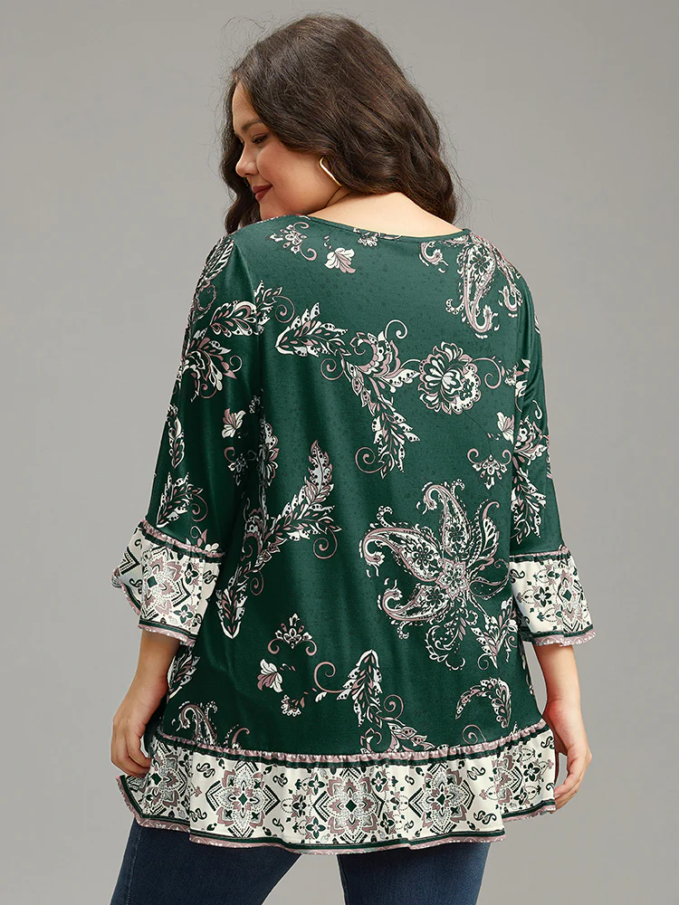 Boho Print Patchwork Bell Sleeve T-shirt - Image 2