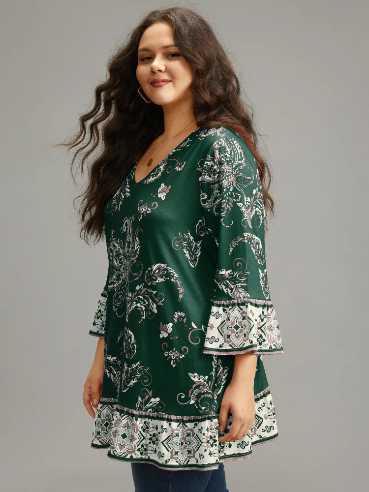 Boho Print Patchwork Bell Sleeve T-shirt - Image 3
