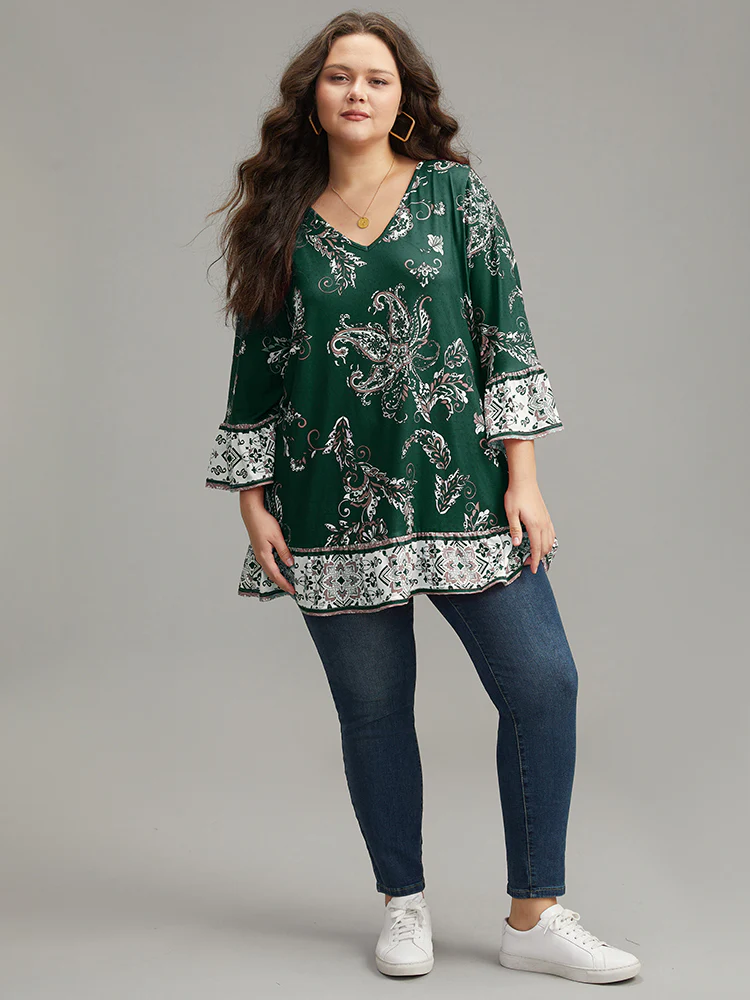 Boho Print Patchwork Bell Sleeve T-shirt - Image 4