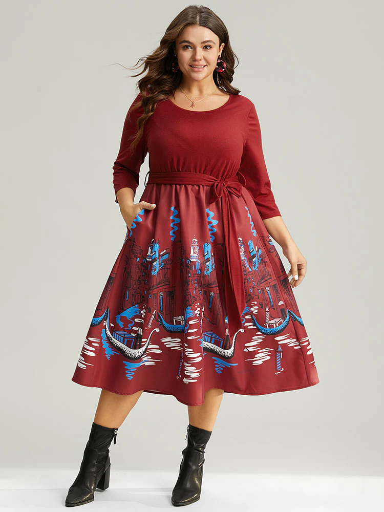 Boho Print Patchwork Belted Gathered Dress - Image 2