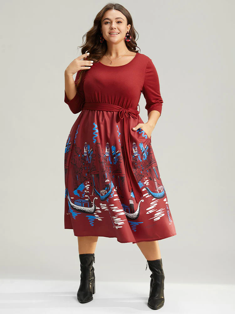 Boho Print Patchwork Belted Gathered Dress - Image 3