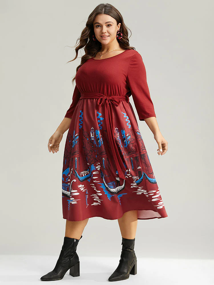 Boho Print Patchwork Belted Gathered Dress - Image 4