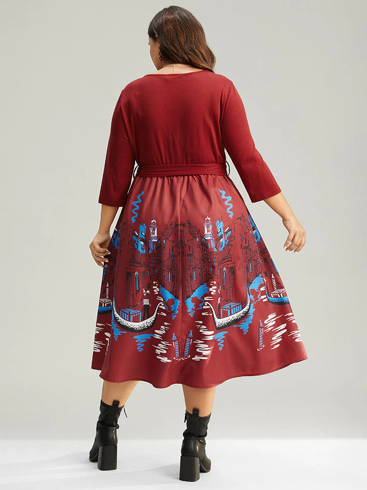 Boho Print Patchwork Belted Gathered Dress - Image 5