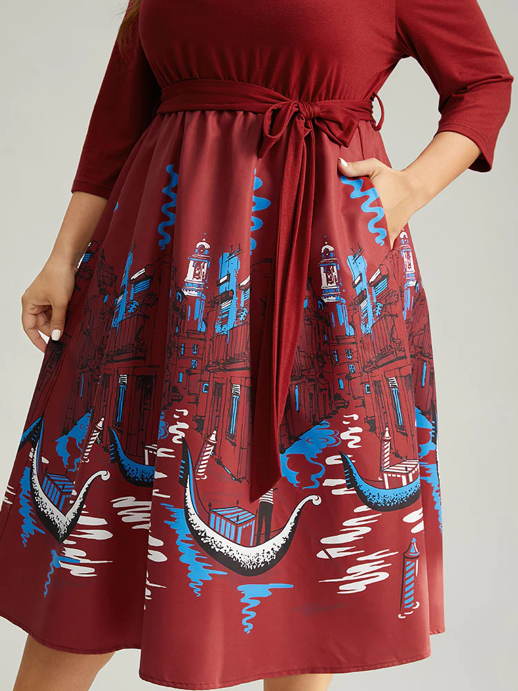Boho Print Patchwork Belted Gathered Dress - Image 6