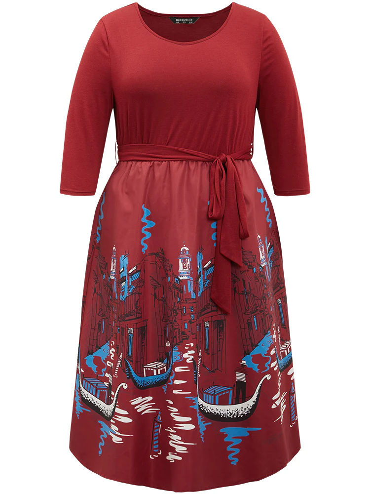 Boho Print Patchwork Belted Gathered Dress - Image 7
