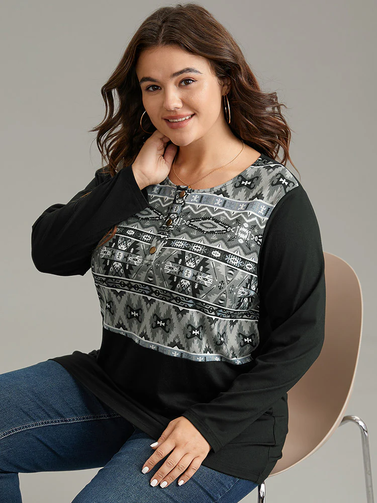 Boho Print Patchwork Button Up T-shirt - Image 3