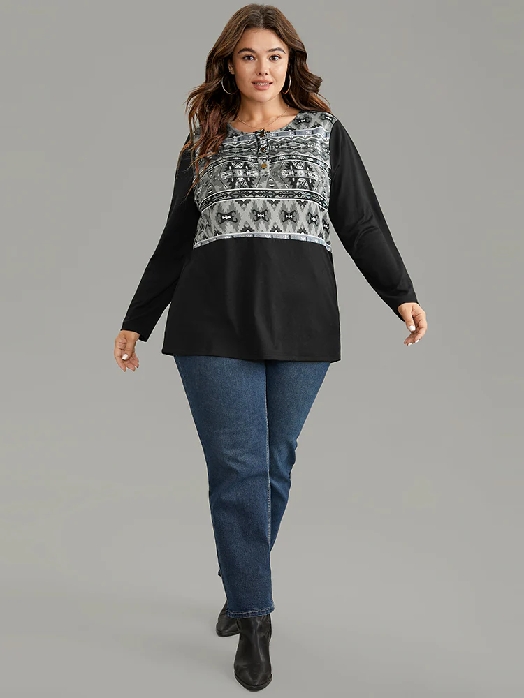 Boho Print Patchwork Button Up T-shirt - Image 4