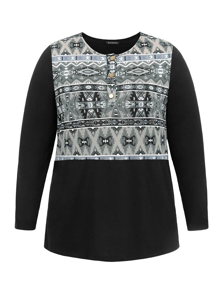Boho Print Patchwork Button Up T-shirt - Image 6