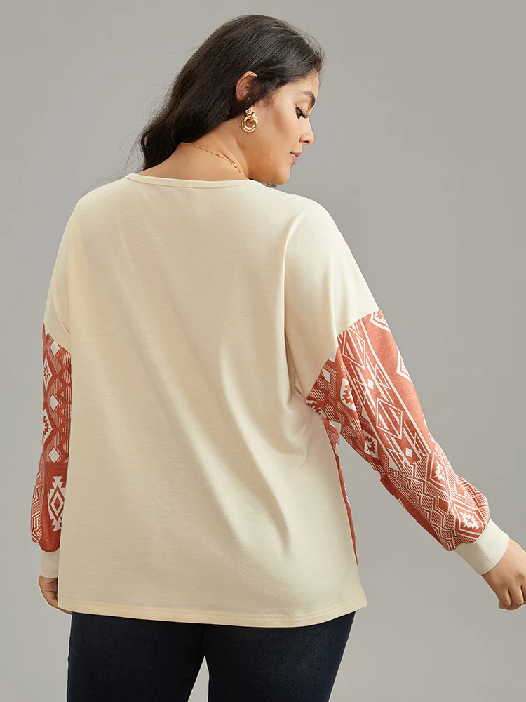 Boho Print Patchwork Contrast Button Up Sweatshirt - Image 2