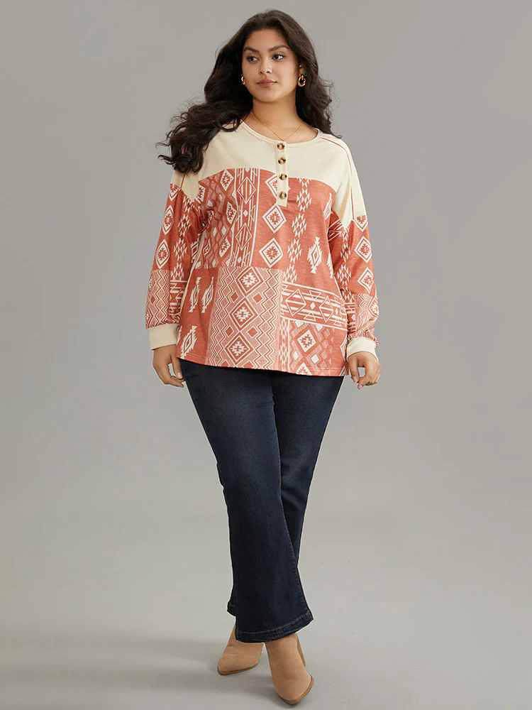 Boho Print Patchwork Contrast Button Up Sweatshirt - Image 3