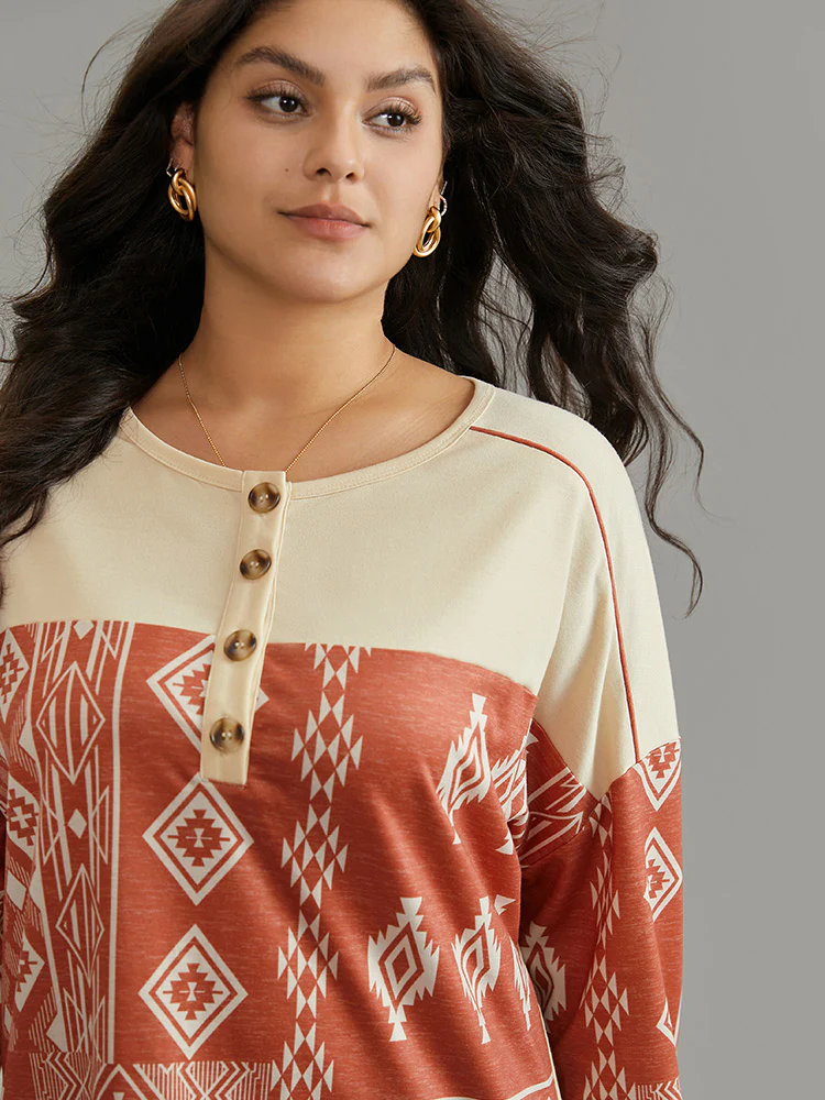 Boho Print Patchwork Contrast Button Up Sweatshirt - Image 4