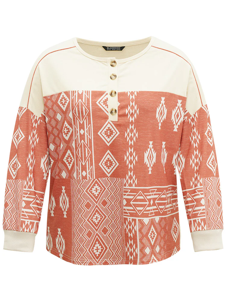 Boho Print Patchwork Contrast Button Up Sweatshirt - Image 5