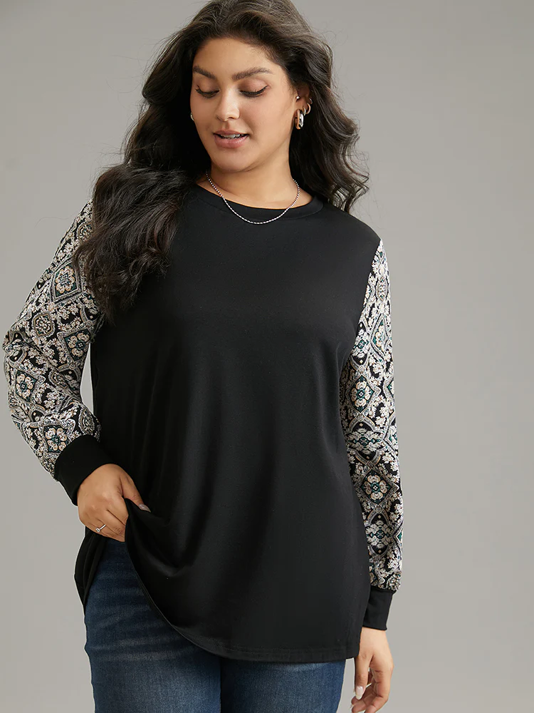 Boho Print Patchwork Crew Neck T-shirt