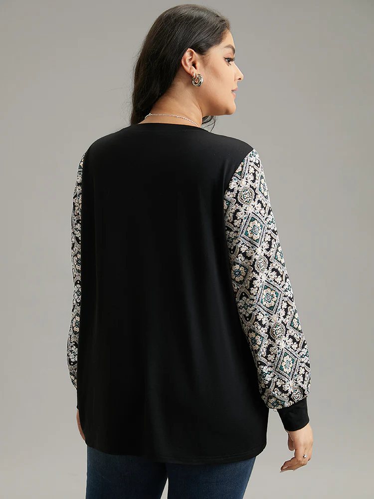 Boho Print Patchwork Crew Neck T-shirt - Image 2