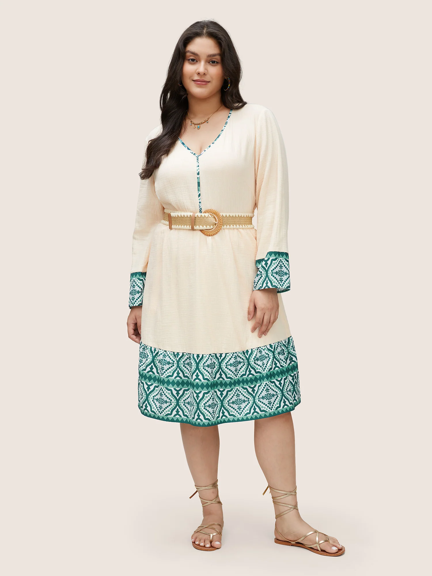 Boho Print Patchwork Elastic Waist Texture Dress - Image 2