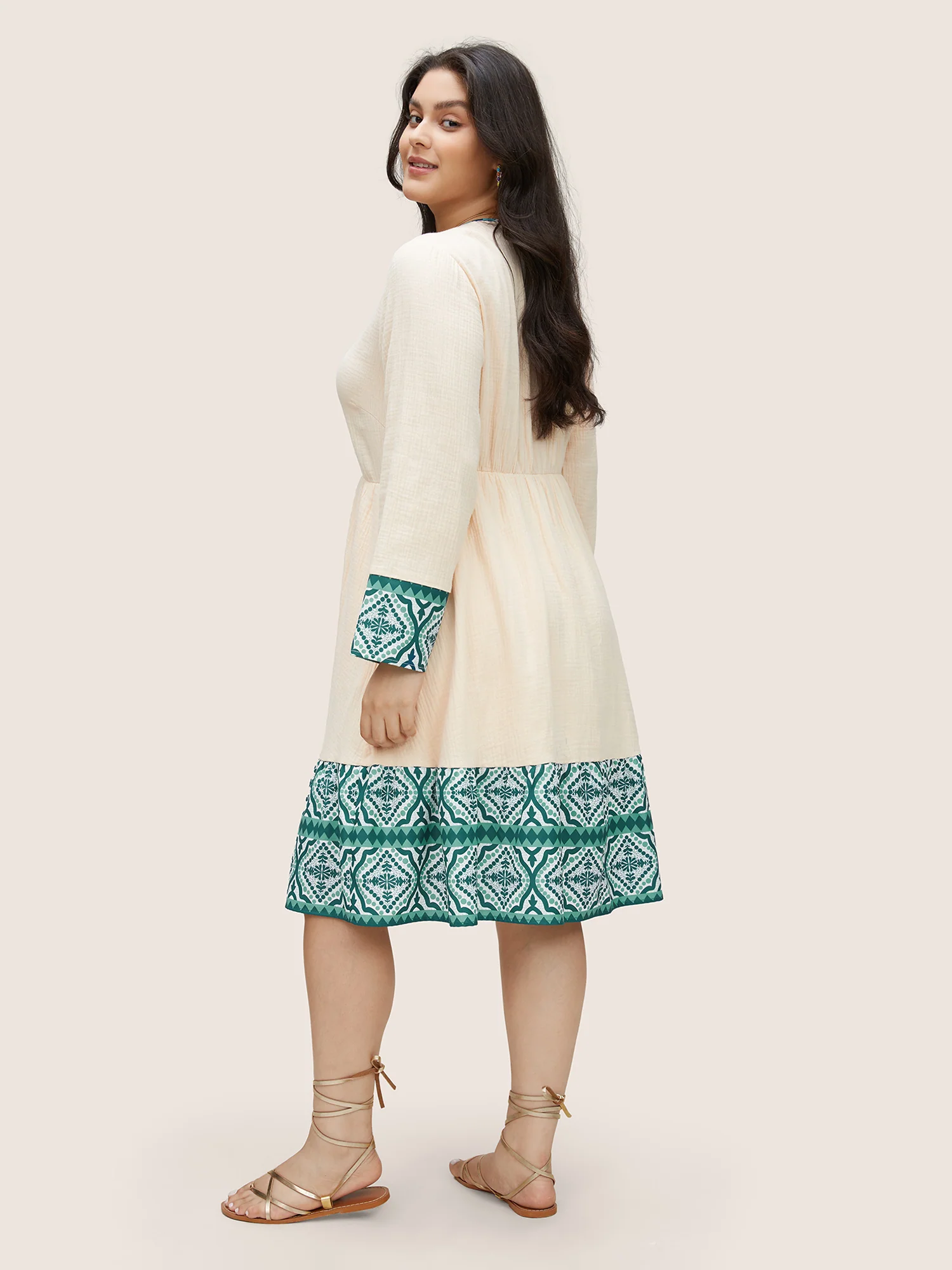 Boho Print Patchwork Elastic Waist Texture Dress - Image 3