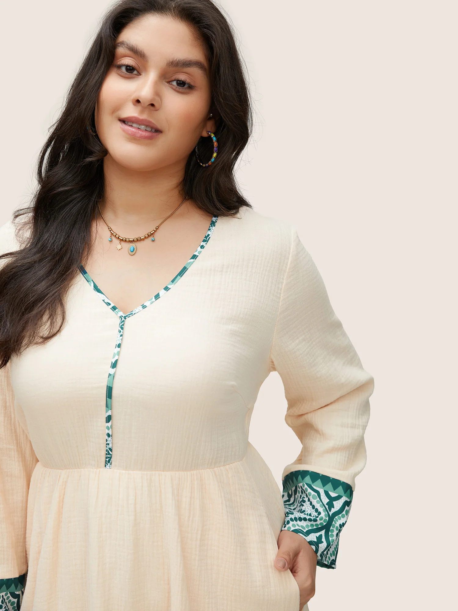 Boho Print Patchwork Elastic Waist Texture Dress - Image 4