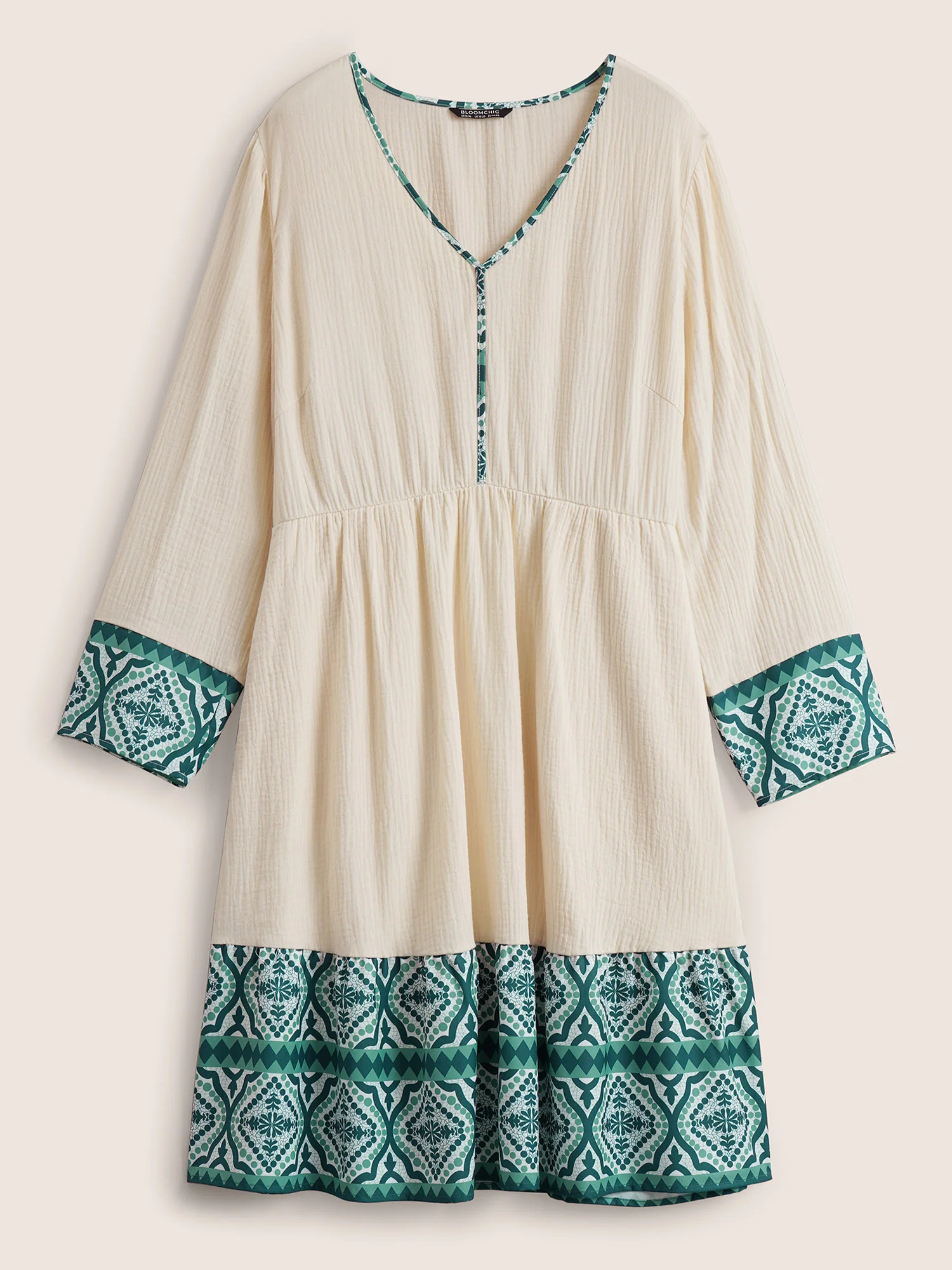 Boho Print Patchwork Elastic Waist Texture Dress - Image 7