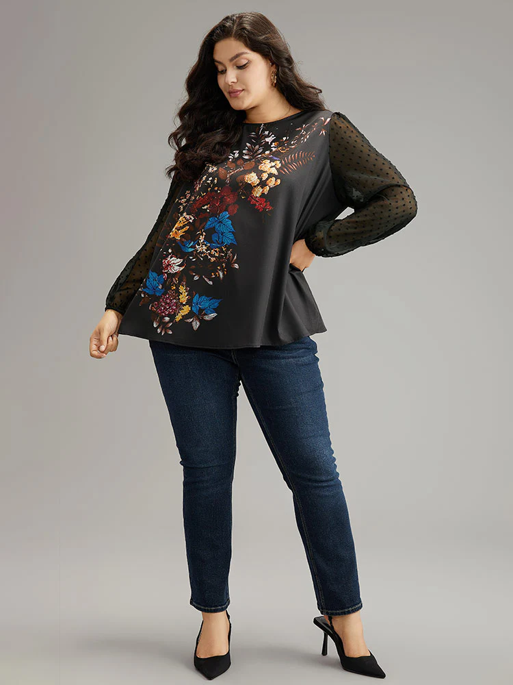 Boho Print Patchwork Mesh Lantern Sleeve Blouse - Image 3