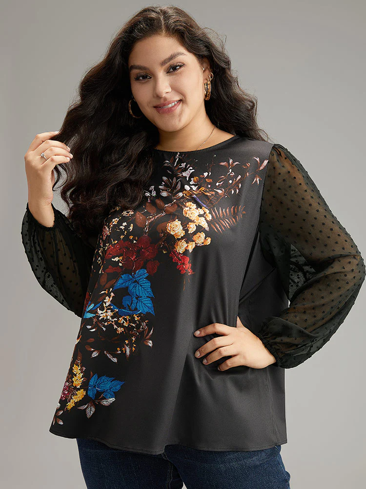 Boho Print Patchwork Mesh Lantern Sleeve Blouse - Image 4