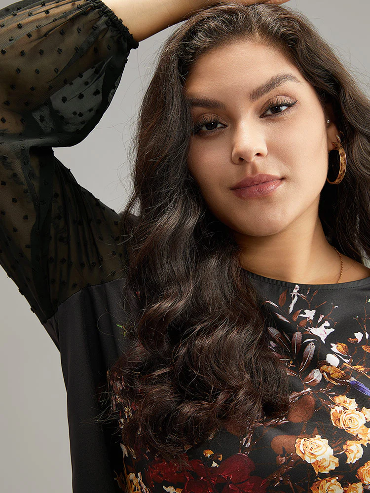 Boho Print Patchwork Mesh Lantern Sleeve Blouse - Image 6